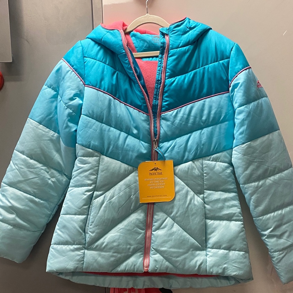 Pacific Trail Light Blue and Pink Hooded Puffer Jacket.